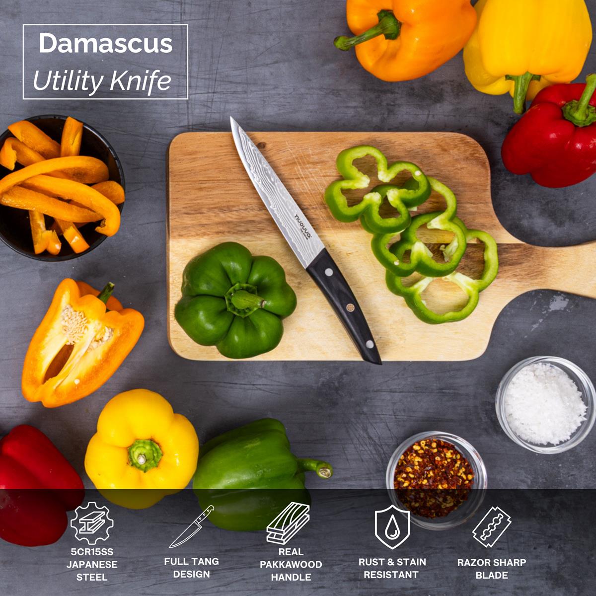 Japanese Steel 67-Layer Damascus Style Utility Knife with Pakkawood Handle, by Nuovva