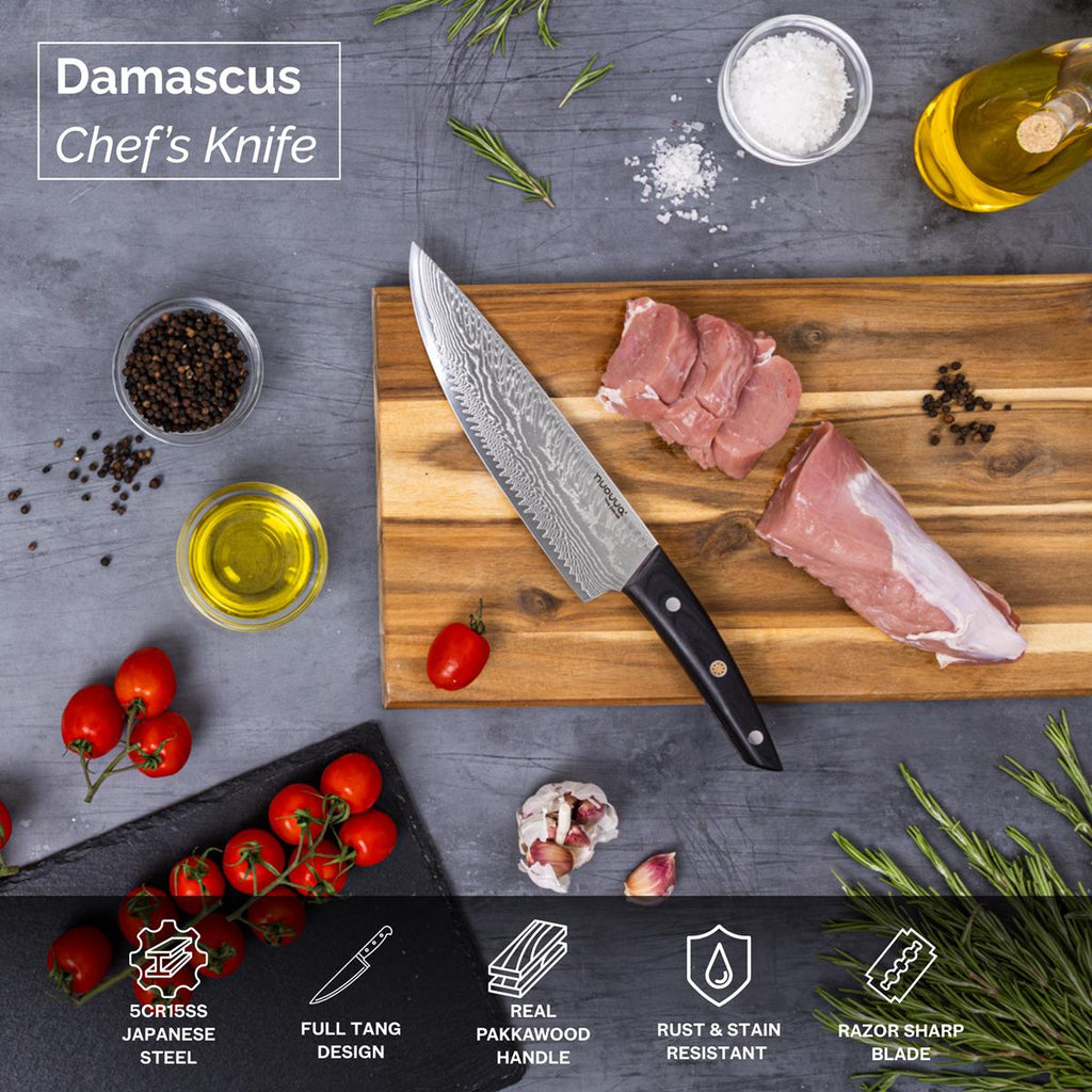 Japanese Steel Damascus Style Kitchen Knives with Pakkawood Handles - Multiple Variants, by Nuovva