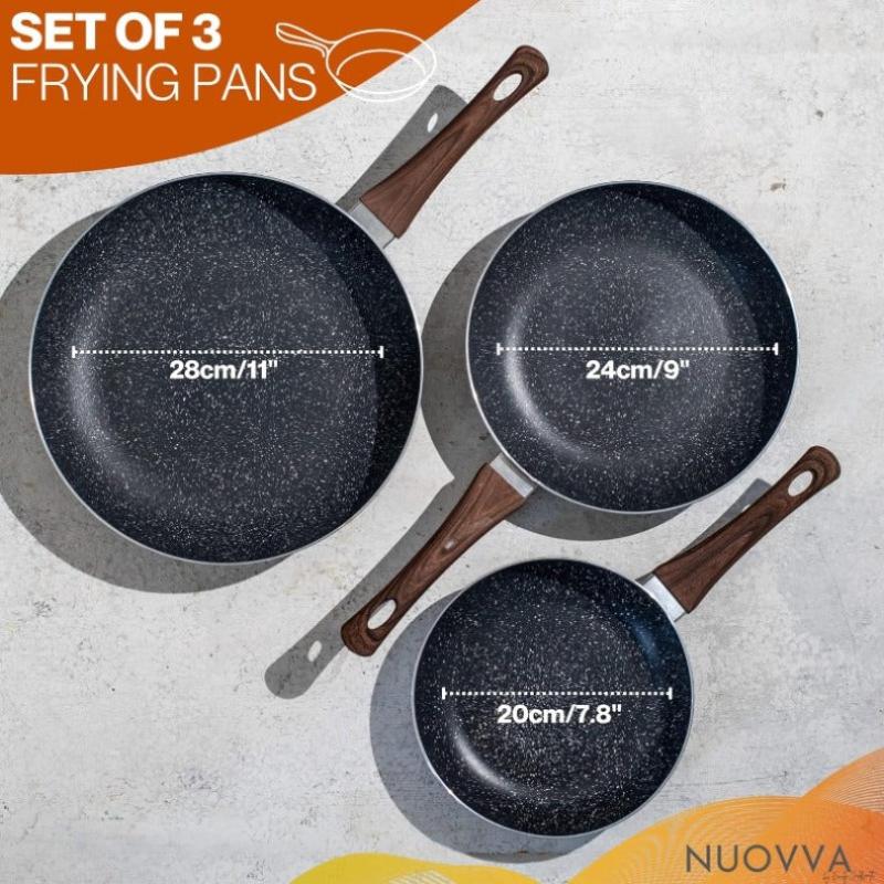 Grey Granite Frying Pan Set for Induction, Gas & Electric Hob (3 Piece) by Nuovva