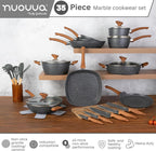 Kitchen Cookware Set of 5, 8, 15 & 35pcs with Lids - Multiple Colours