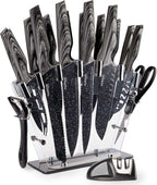 Professional Black Granite Kitchen Knife Set with Acrylic Block - 17 Pieces, by Nuovva