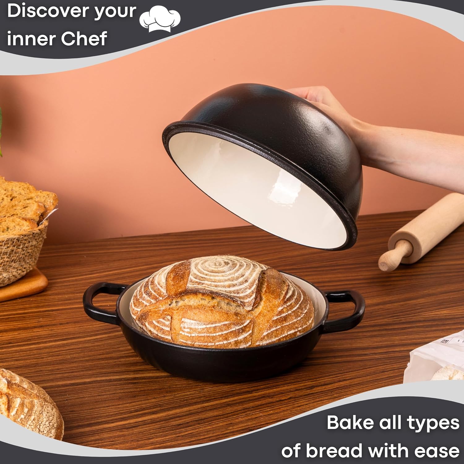 Enamelled Cast Iron Dutch Oven Bread Pot, 5.6 Lite - 26cm (Multiple Colours) by Nuovva