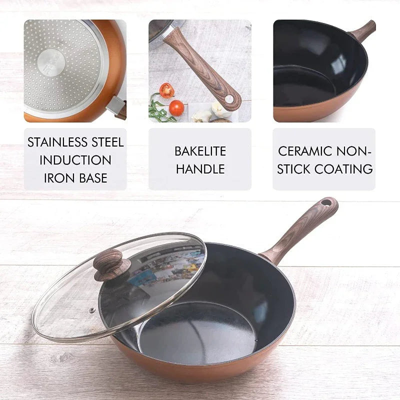 Copper Induction Non-Stick Wok Pan – Deep Stir Fry Pan With Lid - 28cm