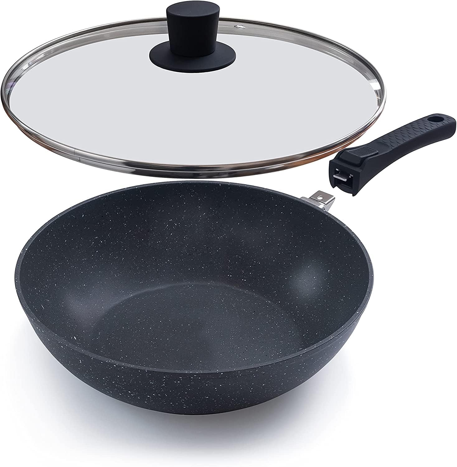 Induction Wok Pan with Glass Lid & Removable Handle (28cm), by Nuovva