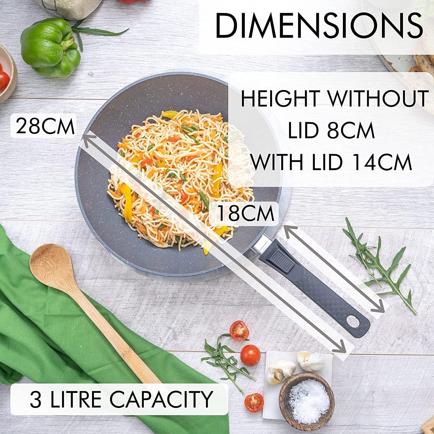 Induction Wok Pan with Glass Lid & Removable Handle (28cm), by Nuovva