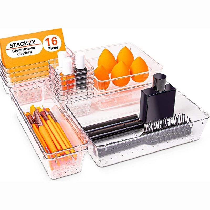 Clear Drawer Organiser Set (Multiple Quantities)  12, 16, 21 & 25 pcs, by Stackzy