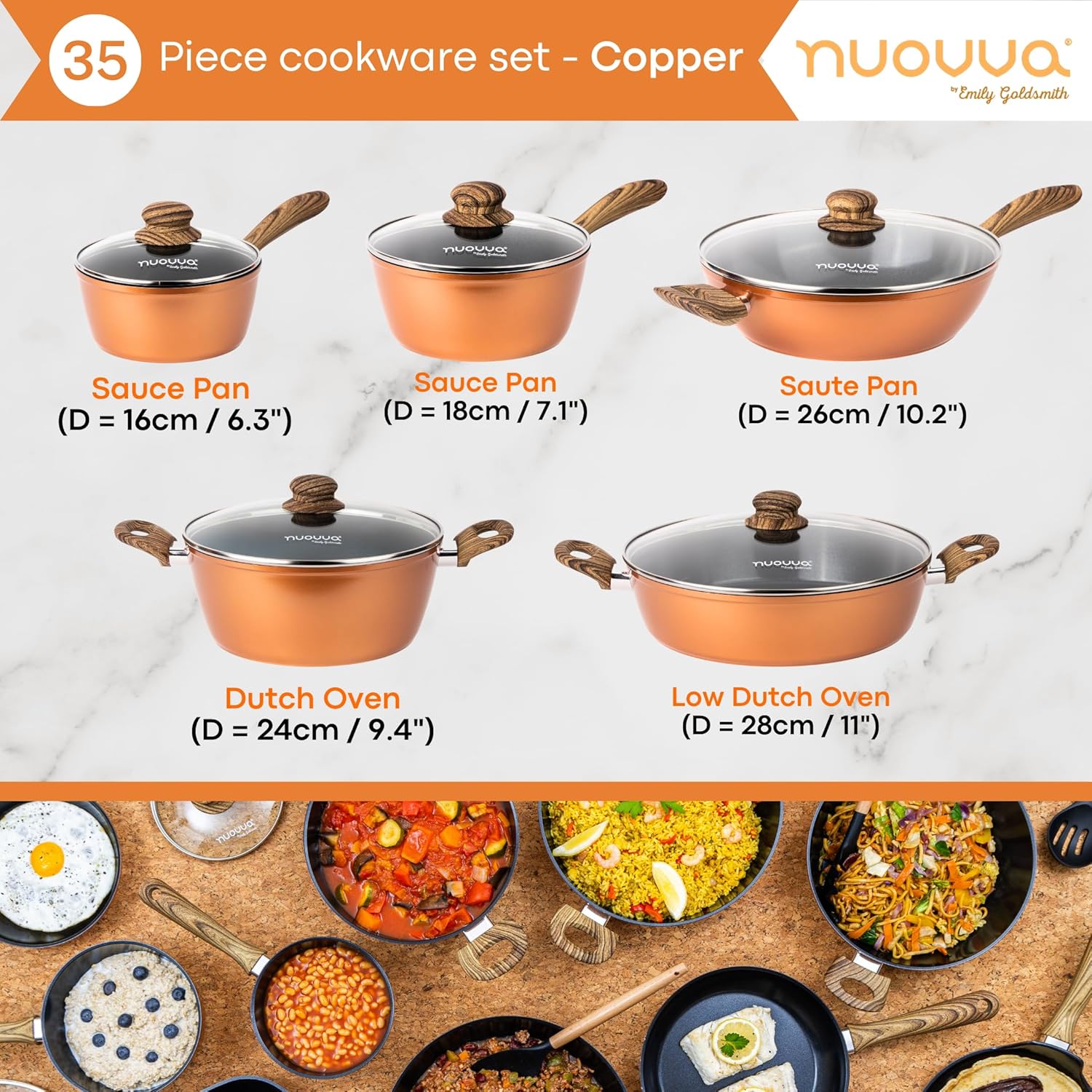 Copper Kitchen Cookware Set of 35, 15, 8, 5pcs with Lids (Multiple Set Sizes)