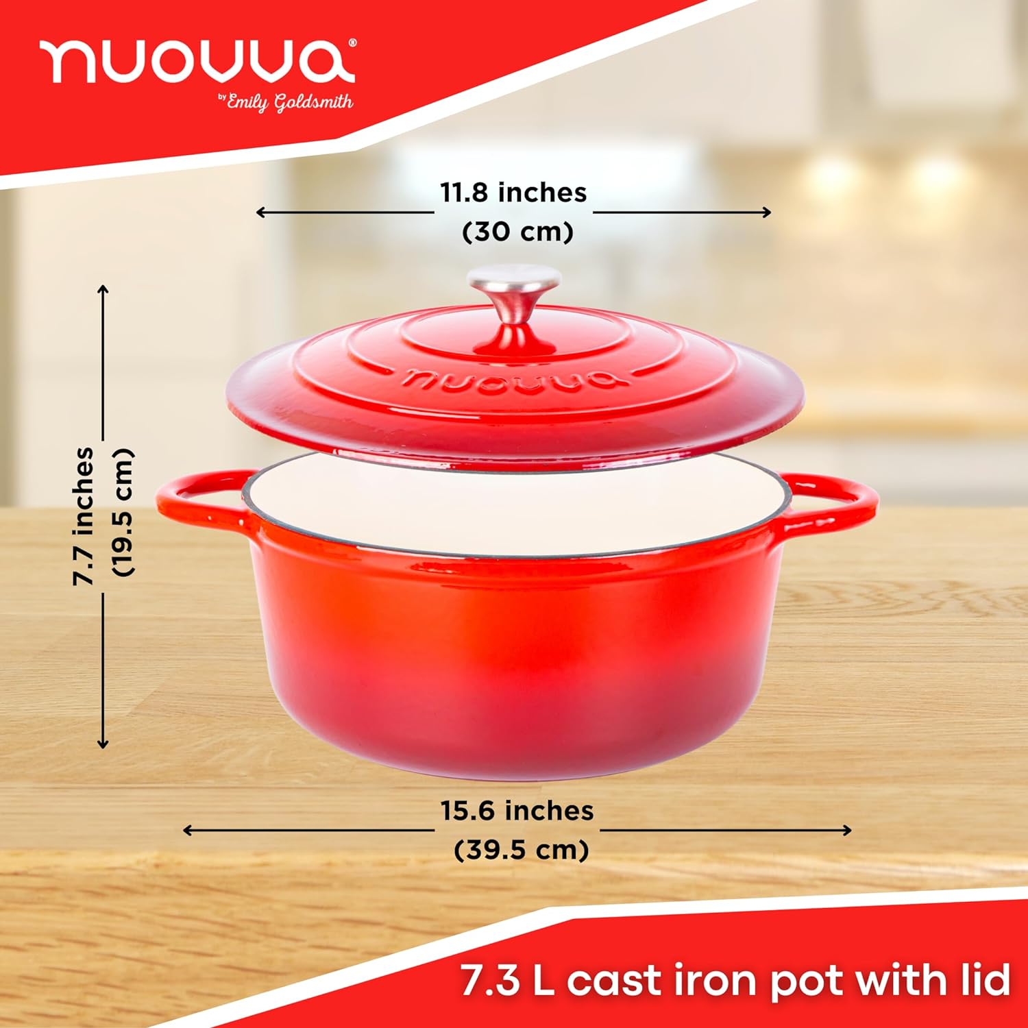 Red Enemalled Cast Iron Dutch Oven, Casserole Pot - 30cm - 6.9L