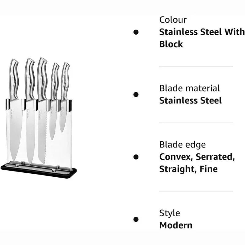 Stainless Steel Knife Set With Acrylic Block -5 Pieces, by  Nuovva