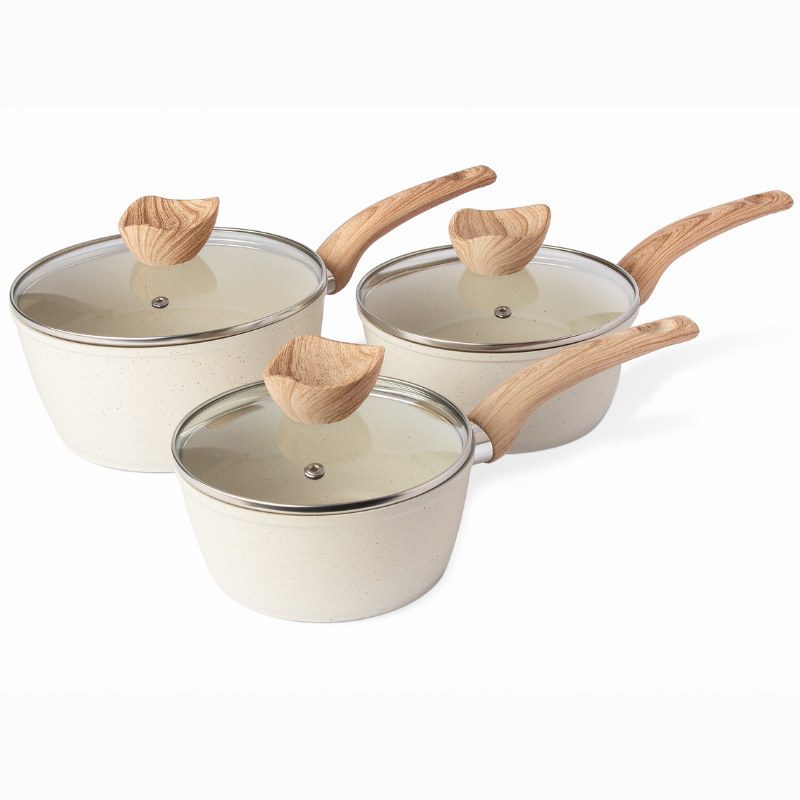 Cream Granite Non-Stick Saucepan with Lid (Multiple Set Sizes), by Nuovva