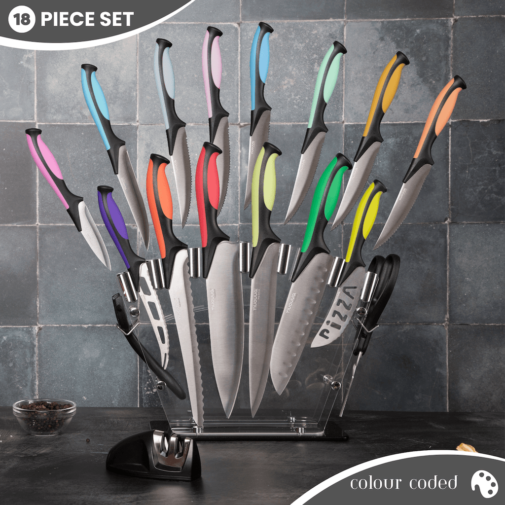 Professional Multicolour Kitchen Knife Set with Acrylic Block - 17 Pieces, by Nuovva