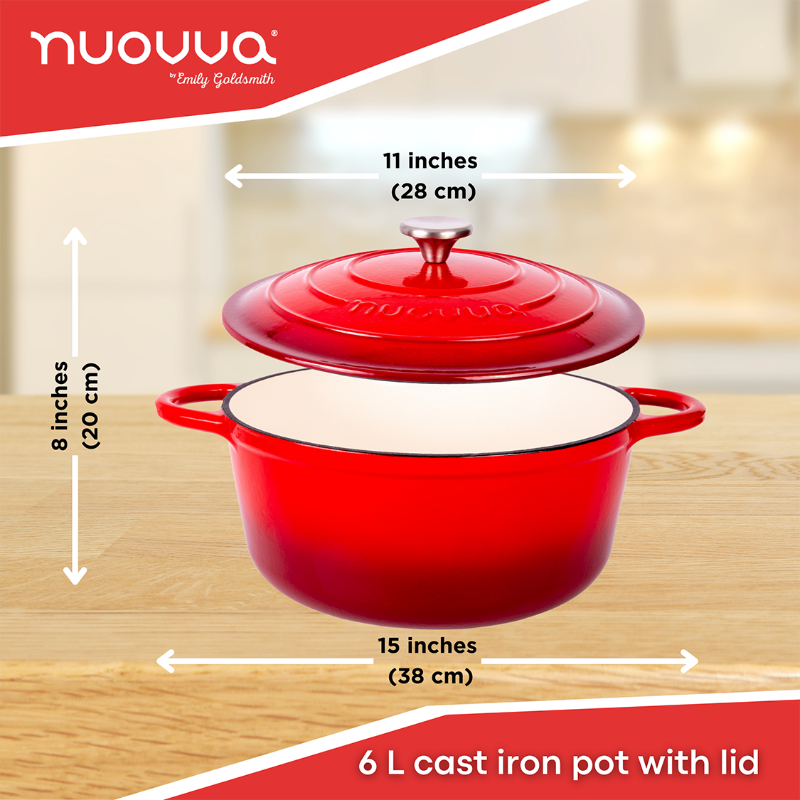 Red Enamelled Cast Iron Casserole Pot - 28cm - 6L