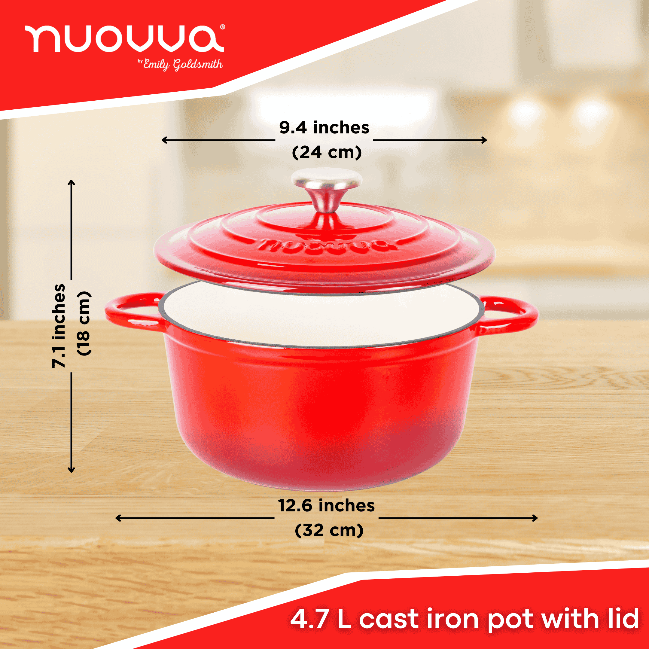 Red Cast Iron Dutch Oven with Lid, Casserole Pot - 24cm - 4.7L