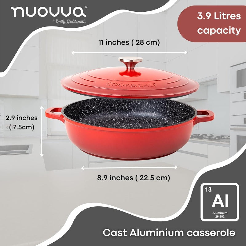 Red Aluminium Shallow Casserole Pan with Lid - 28cm - 3.9L, by Nuovva