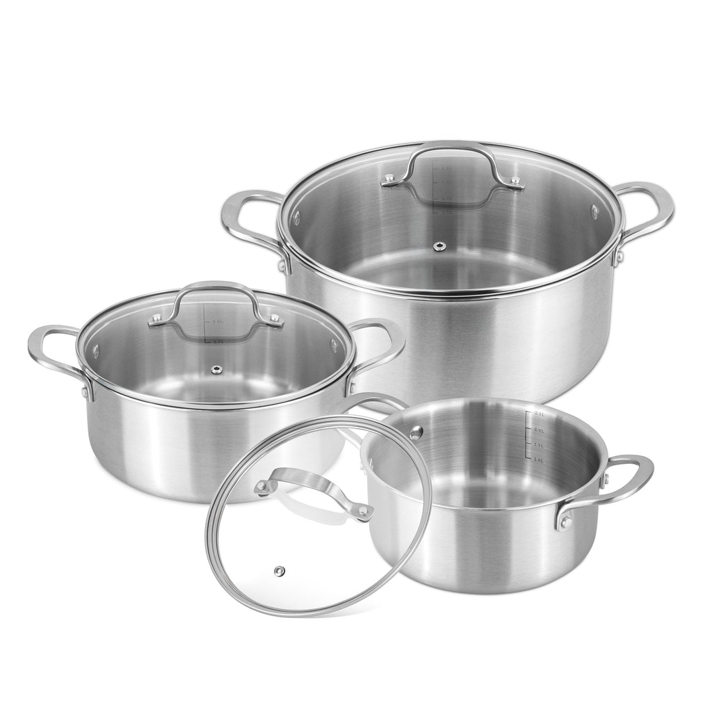 Stainless Steel Casserole Pot Set of 4pc, 6pc with Glass Lids (Multiple Set Sizes), by Nuovva