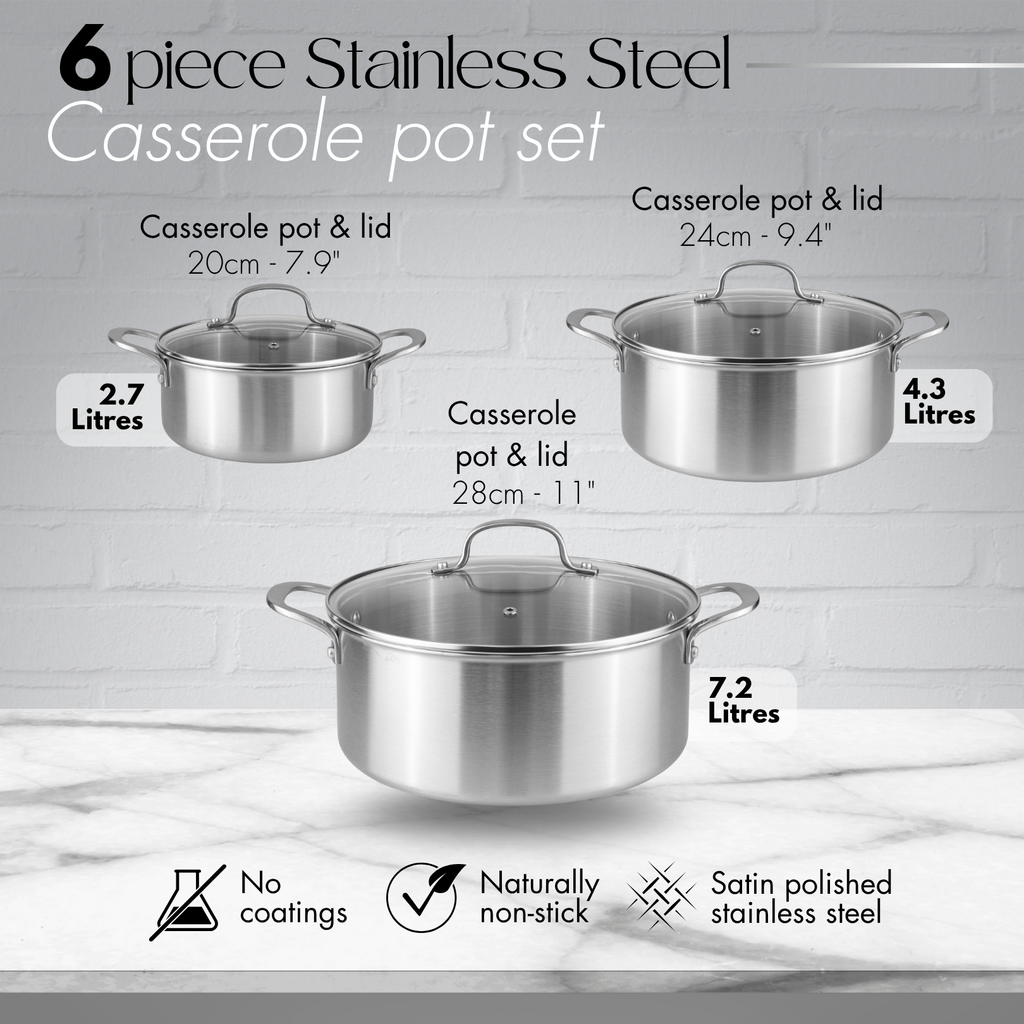 Stainless Steel Casserole Pot Set of 4pc, 6pc with Glass Lids (Multiple Set Sizes), by Nuovva