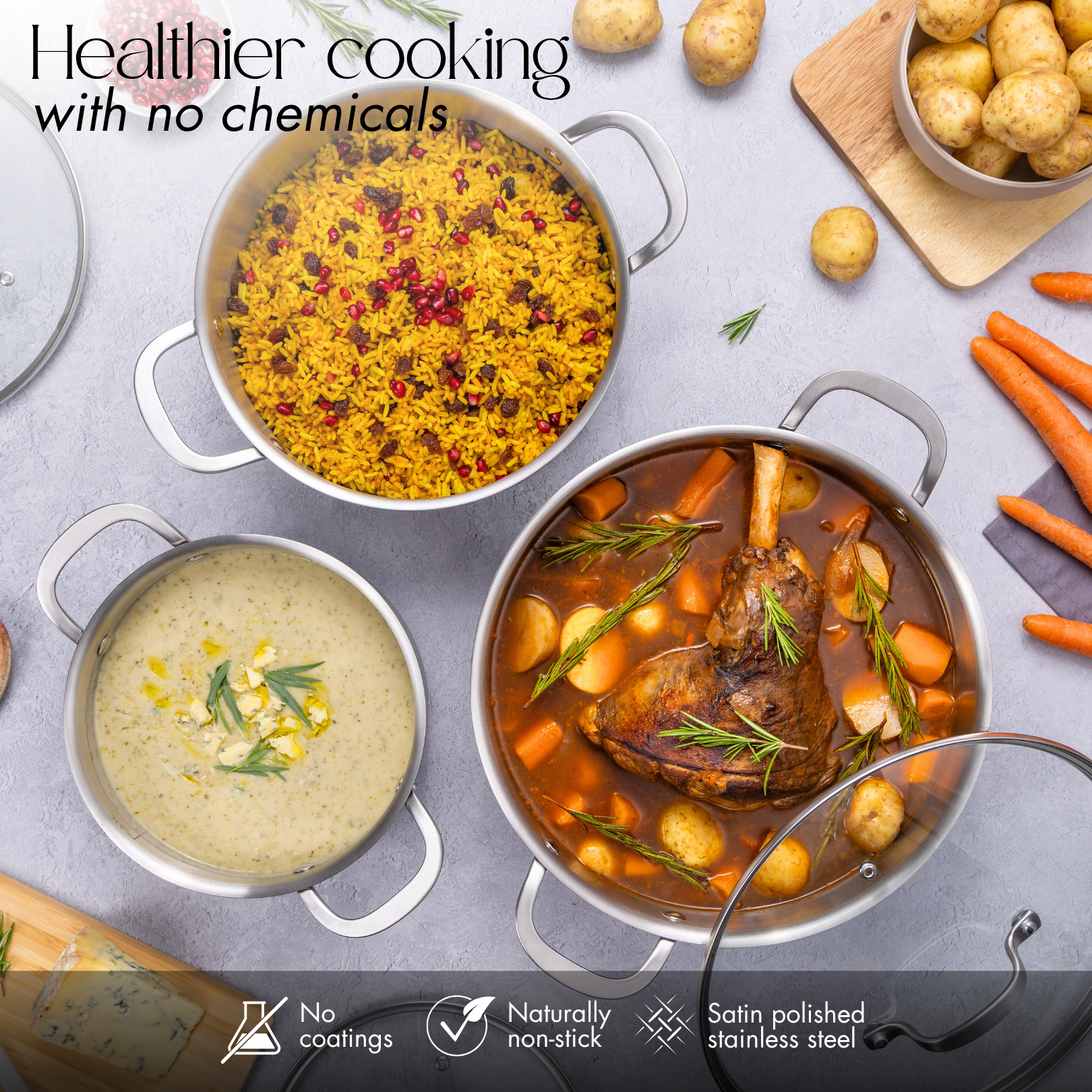 Stainless Steel Casserole Pot Set of 4pc, 6pc with Glass Lids (Multiple Set Sizes), by Nuovva