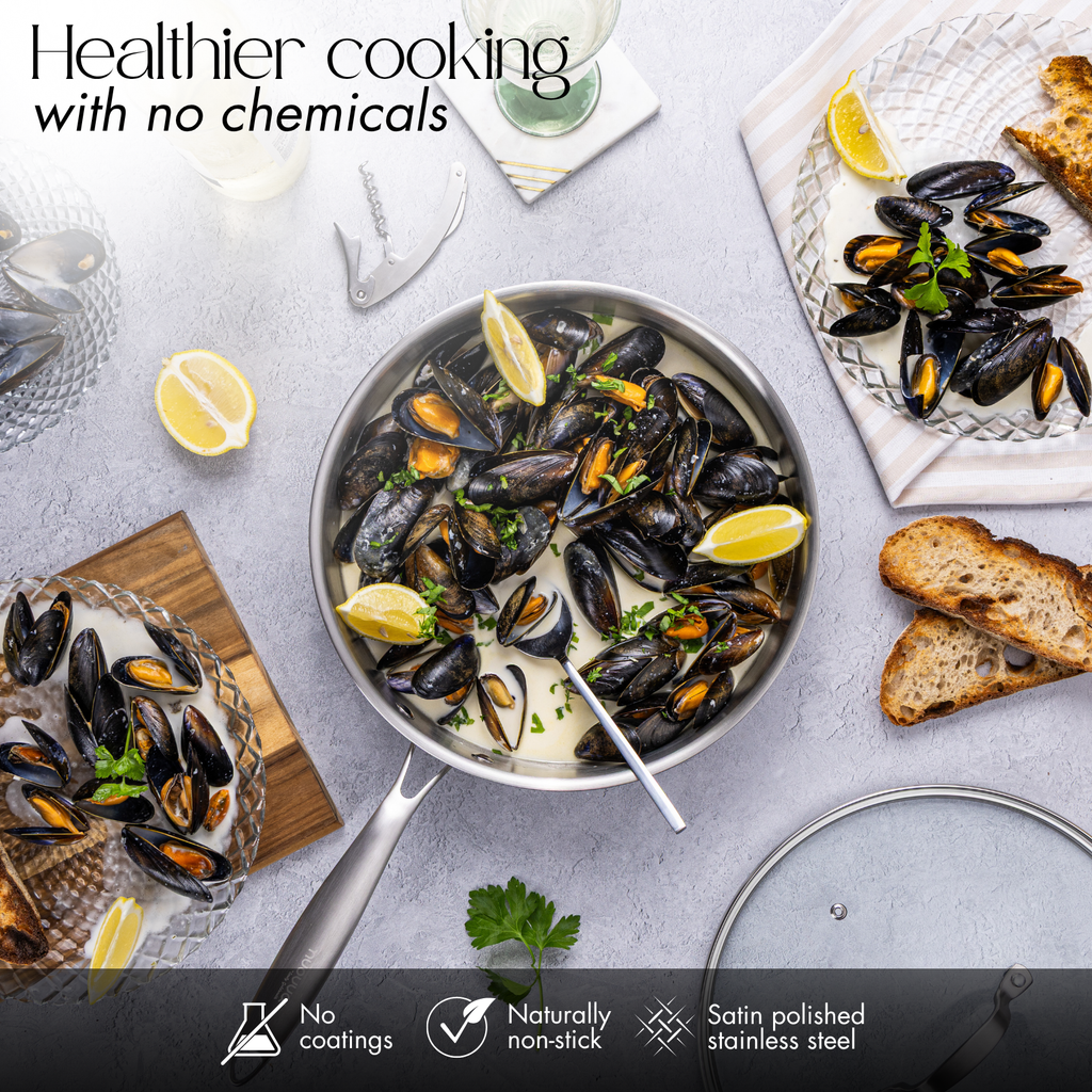 Stainless Steel Wok & Saute Pan 28cm with Glass Lids – Induction Safe - By Nuovva