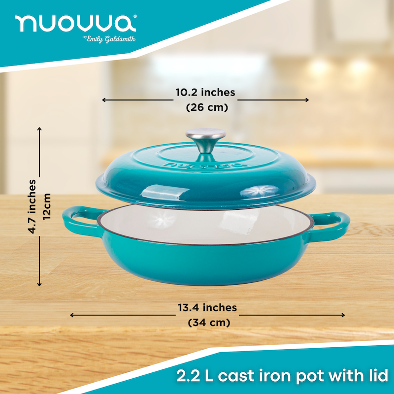 Shallow Cast Iron Dutch Oven Casserole Pot - 2.2L - 26cm, (Multiple Colours) by Nuovva