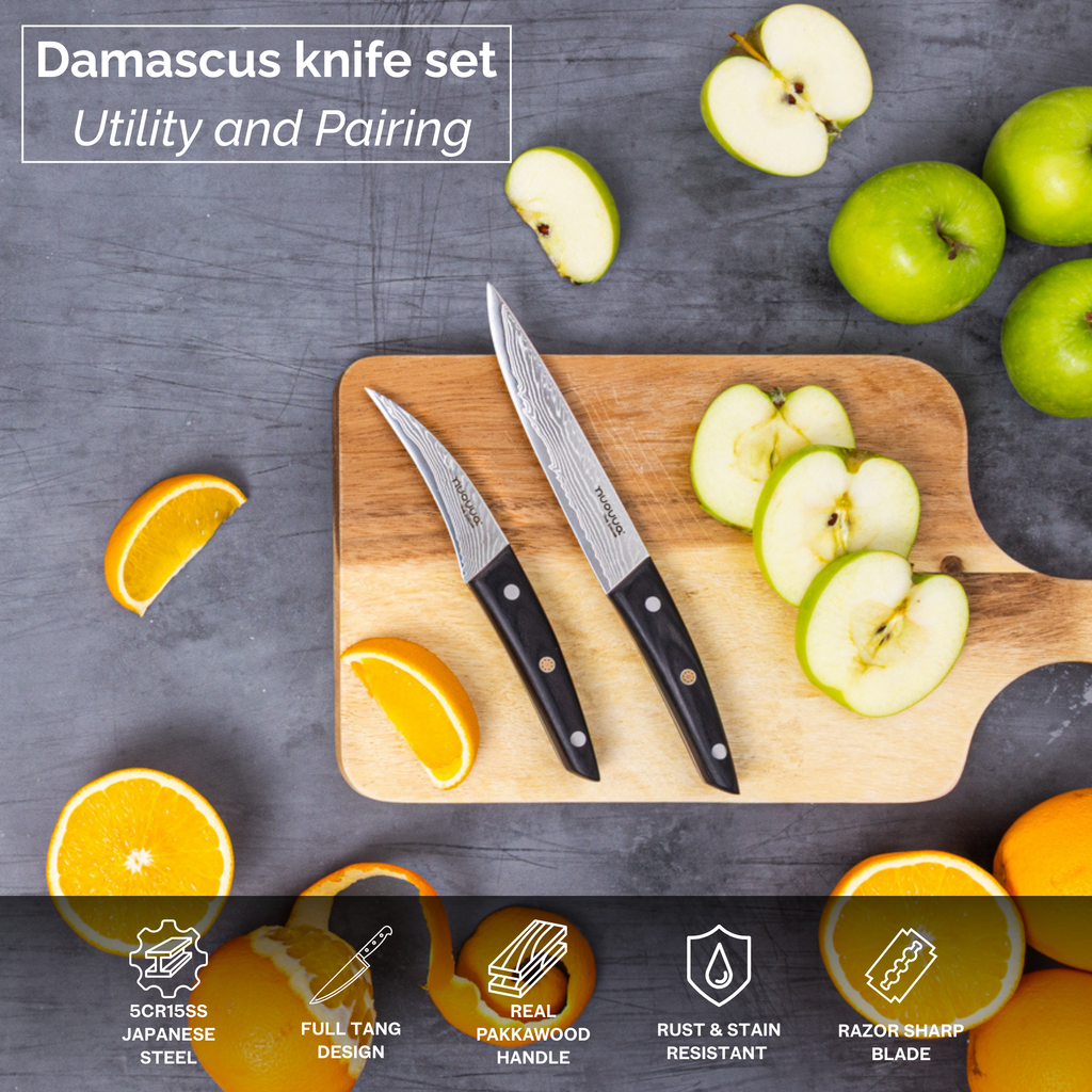 Japanese Steel Damascus Style Kitchen Knives with Pakkawood Handles - Multiple Variants, by Nuovva