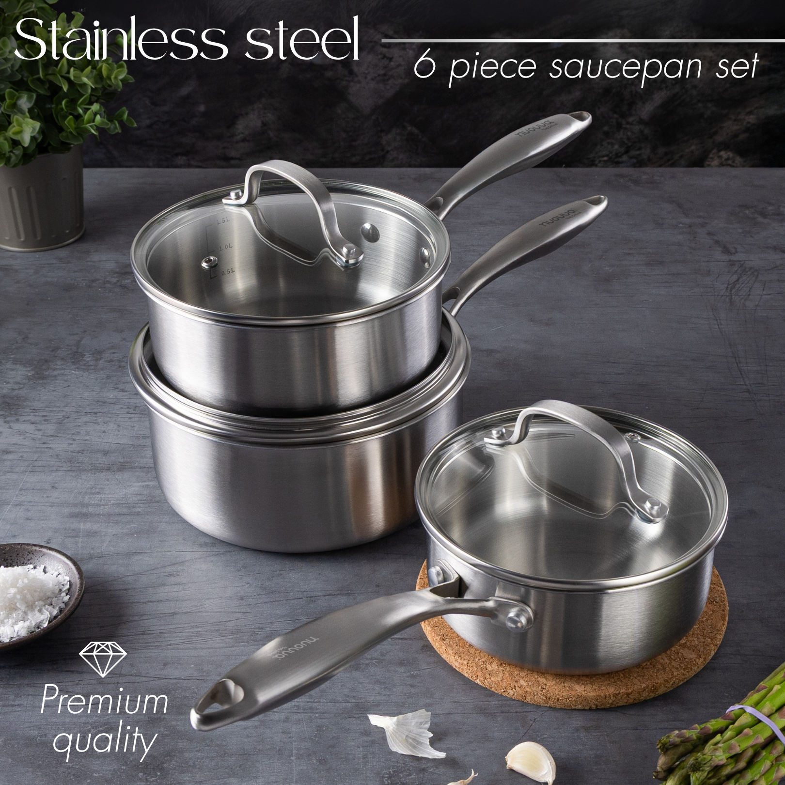 6Pcs Stainless Steel Saucepan Set – Induction Ready Pots with Glass Lids – By Nuovva