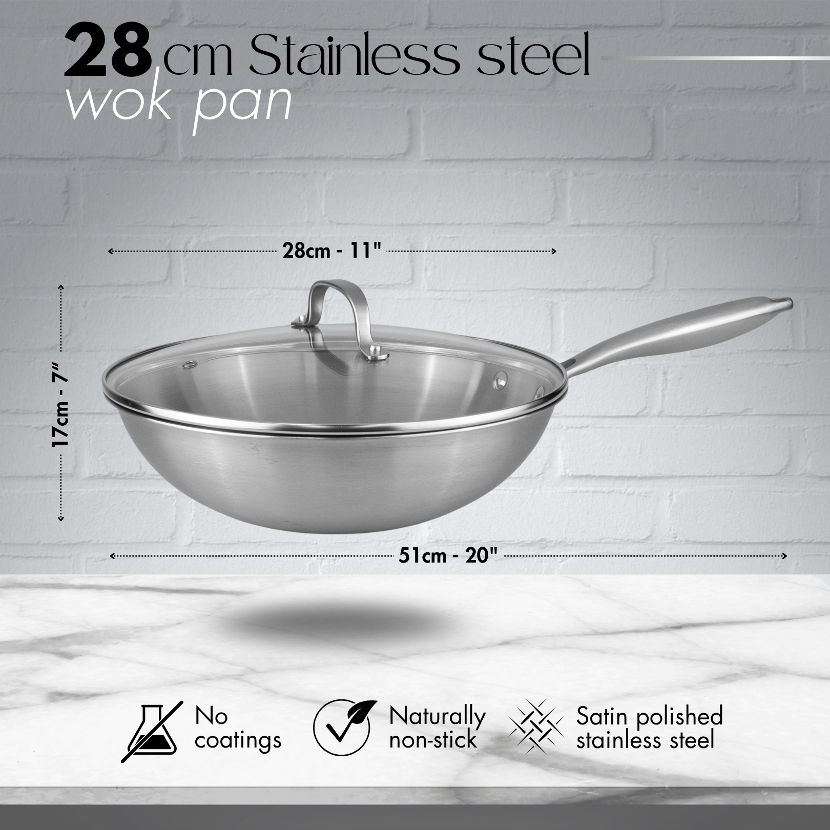 28cm Stainless Steel Non-Stick Wok with Glass Lid – Induction Safe – By Nuovva