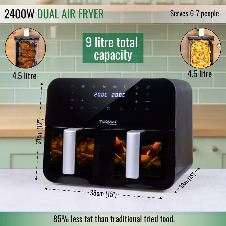Dual Air Fryer Oven With 12 Presets – 9L, 2400W, by Nuovva